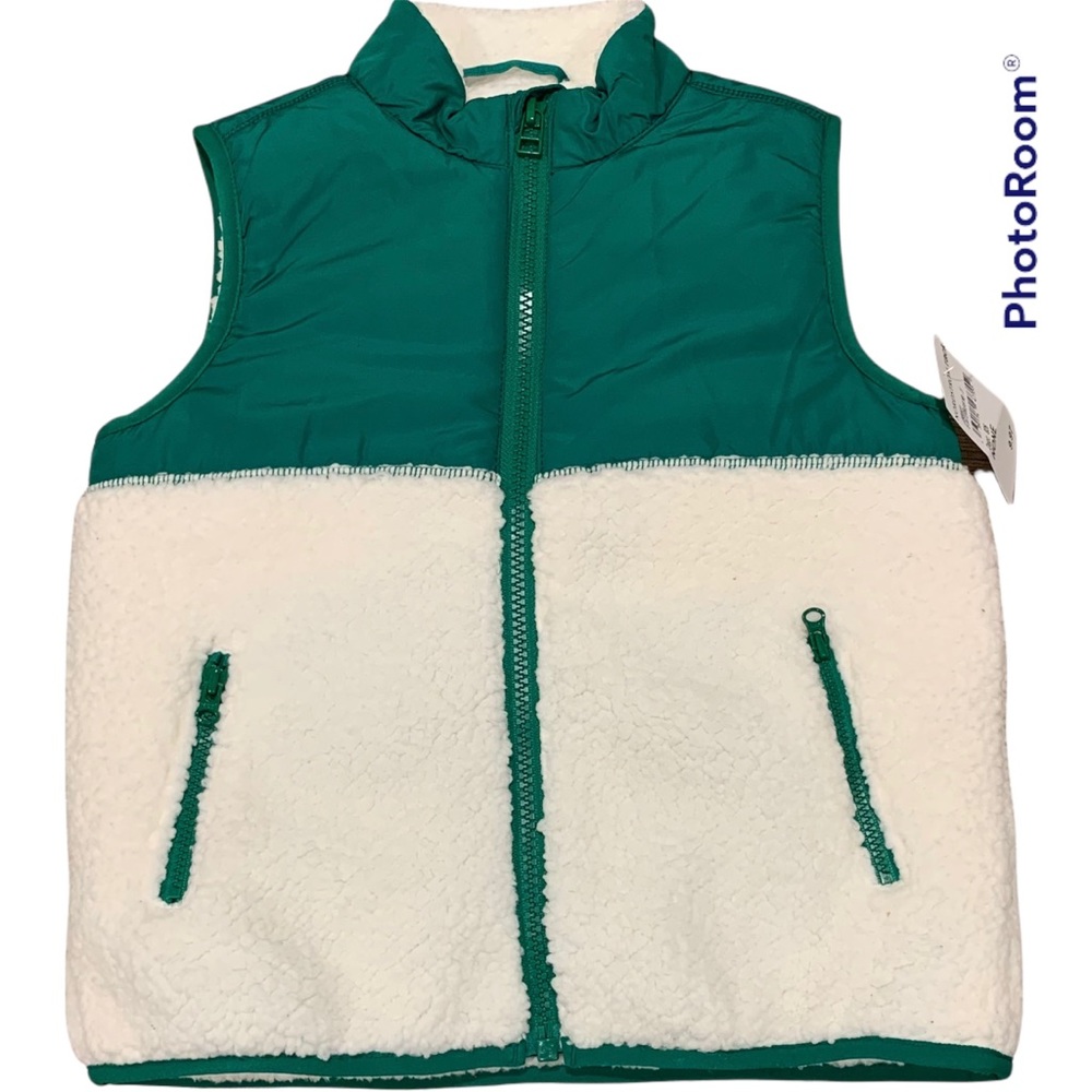 💚Boy’s Janie & Jack fleece and nylon zippered vest cream kelly green 3 4 💚